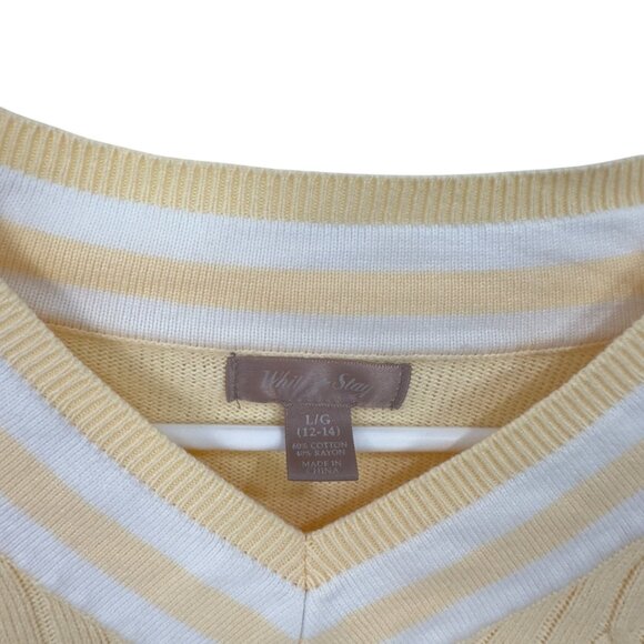 WHITE STAG Yellow Cable Knit Sweater Top With White Striped V-Neck Womens L - Picture 4 of 10